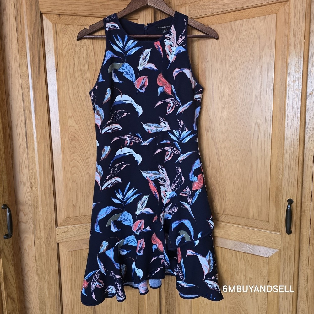 Banana Republic Navy Tropical Leaf Ruffle Flounce‎ Hem Dress Size 2 BRWL-122007
